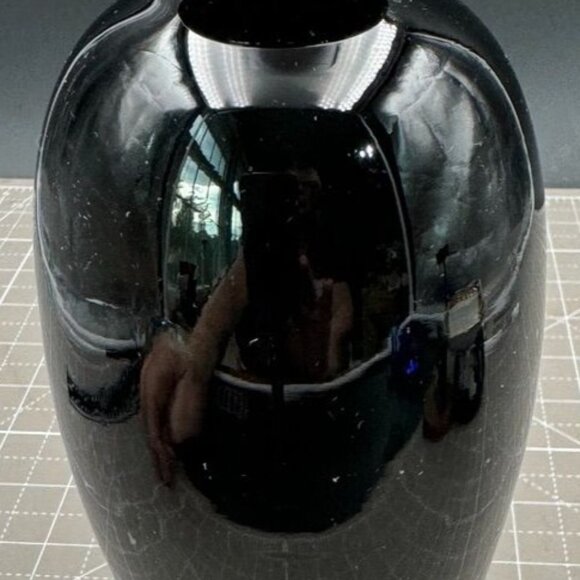 Arts & Crafts Black Amethyst Glass Vase Hand Written Design Phone Wings - Picture 3 of 6